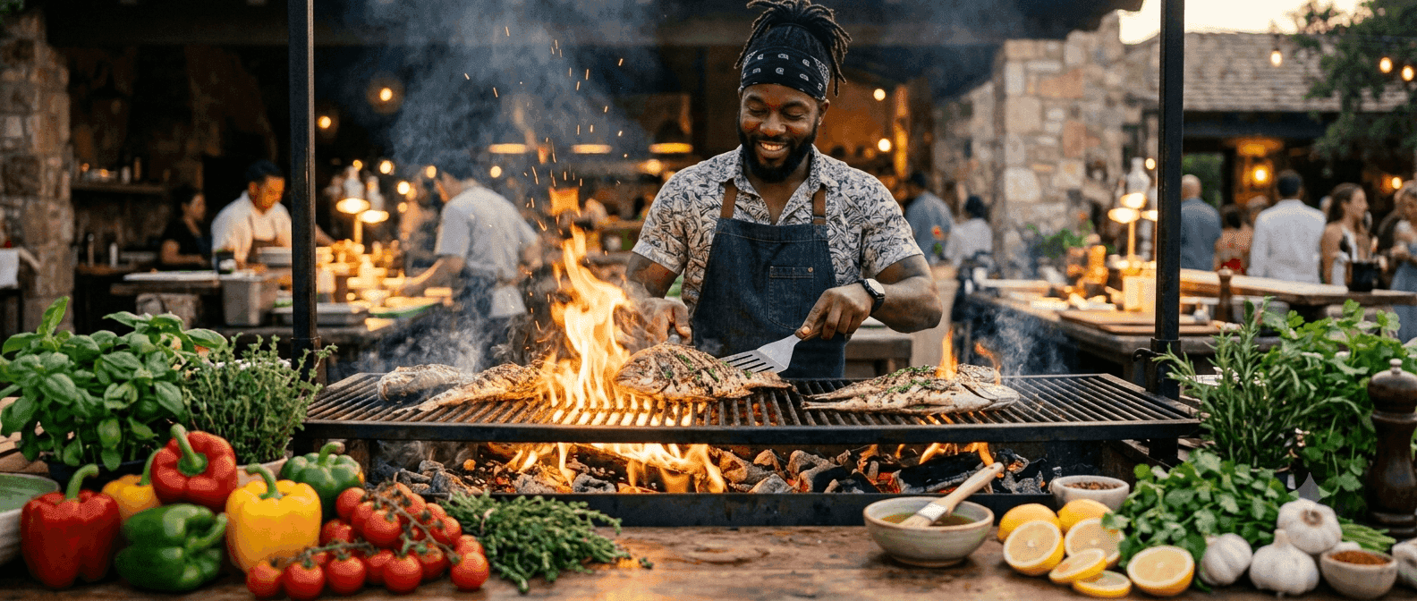 Cinematic overhead culinary ingredients slate background