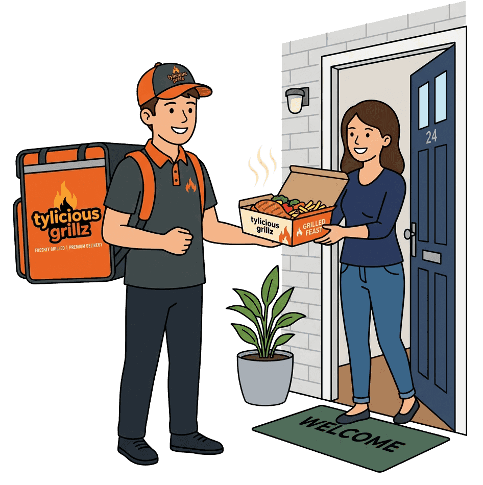 Delivery courier handing a boxed meal to a customer