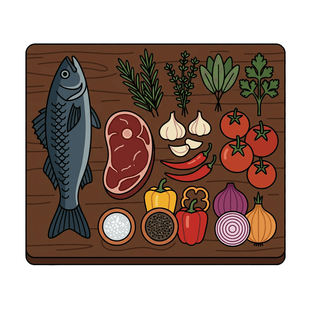 Flat vector board filled with raw ingredients
