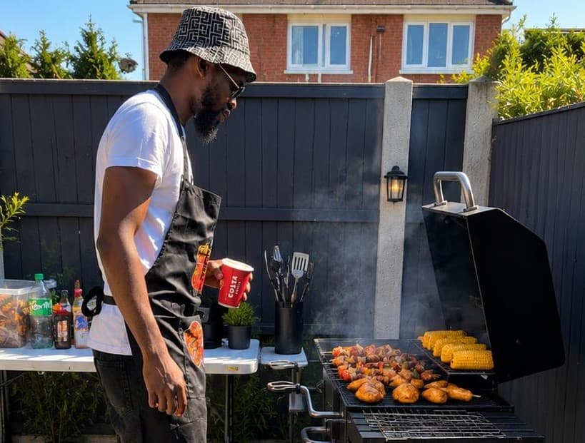 Chef grilling fish over open flames with vegetables in the foreground